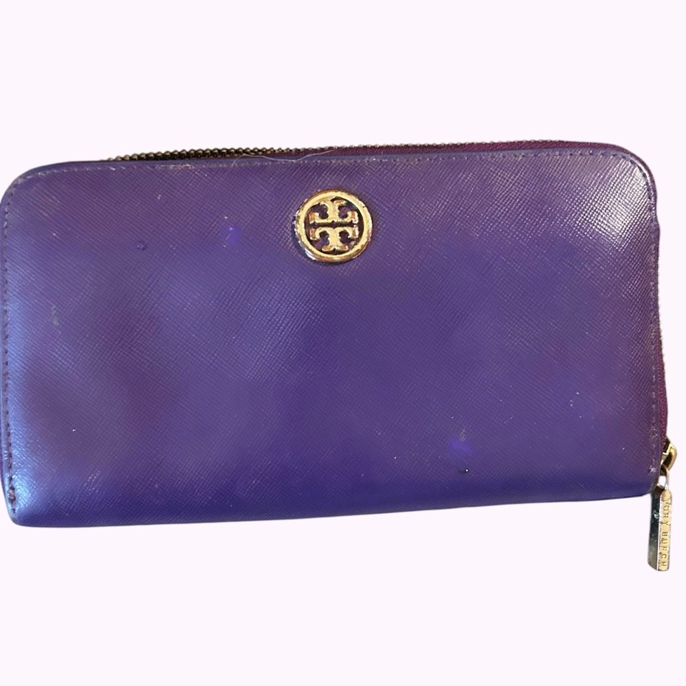 Tory Burch Robinson continental zip around wallet in electric purple